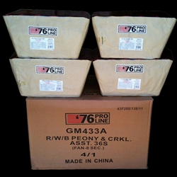R/W/B Peony w/Crackle Asst 36-shot Fan 8-sec